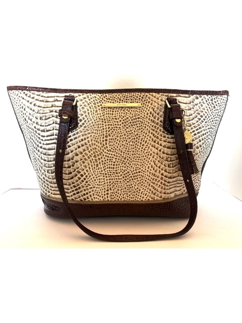 Brahmin Medium Asher Shoulder Bag Brown & Cream Croc Embossed Leather